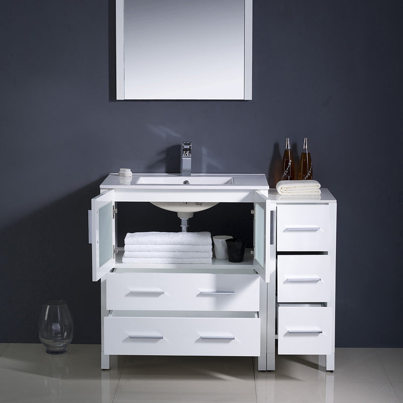 Fresca Torino 42" White Modern Bathroom Vanity with Side Cabinet and Integrated Sink FVN62-3012WH-UNS