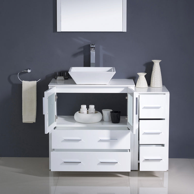 Fresca Torino 42" White Modern Bathroom Vanity with Side Cabinet and Vessel Sink FVN62-3012WH-VSL