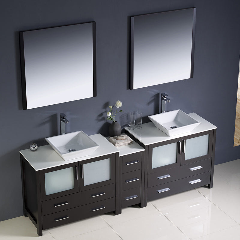 Fresca Torino 84" Espresso Modern Double Sink Bathroom Vanity with Side Cabinet and Vessel Sinks FVN62-361236ES-VSL