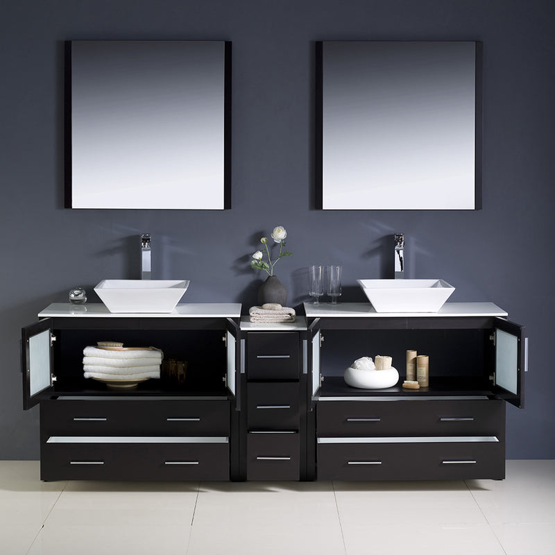 Fresca Torino 84" Espresso Modern Double Sink Bathroom Vanity with Side Cabinet and Vessel Sinks FVN62-361236ES-VSL