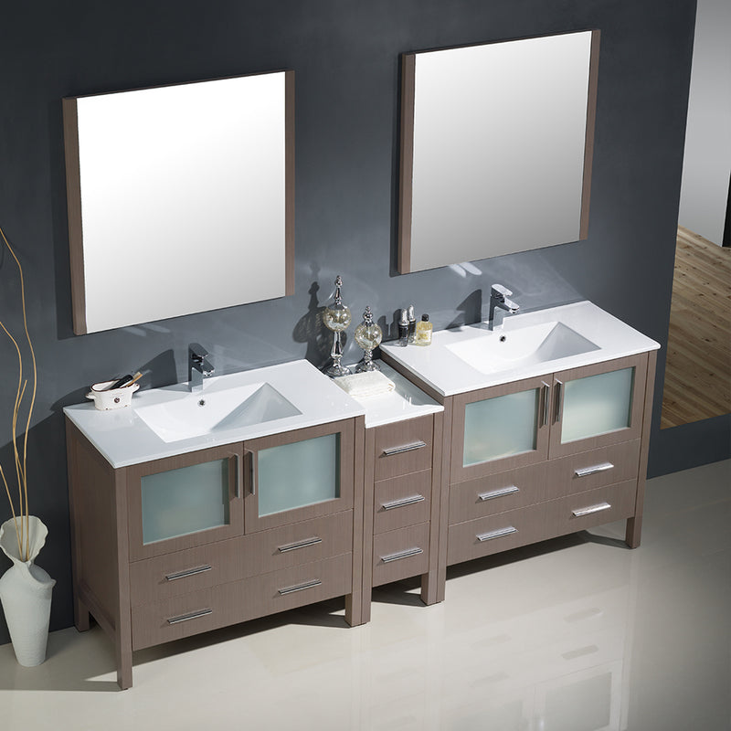 Fresca Torino 84" Gray Oak Modern Double Sink Bathroom Vanity with Side Cabinet and Integrated Sinks FVN62-361236GO-UNS