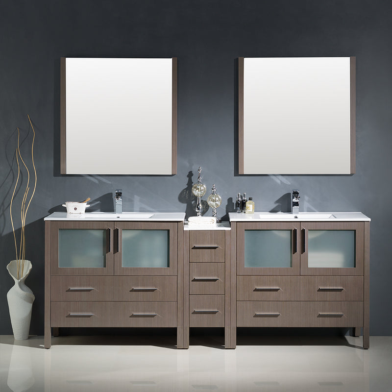 Fresca Torino 84" Gray Oak Modern Double Sink Bathroom Vanity with Side Cabinet and Integrated Sinks FVN62-361236GO-UNS