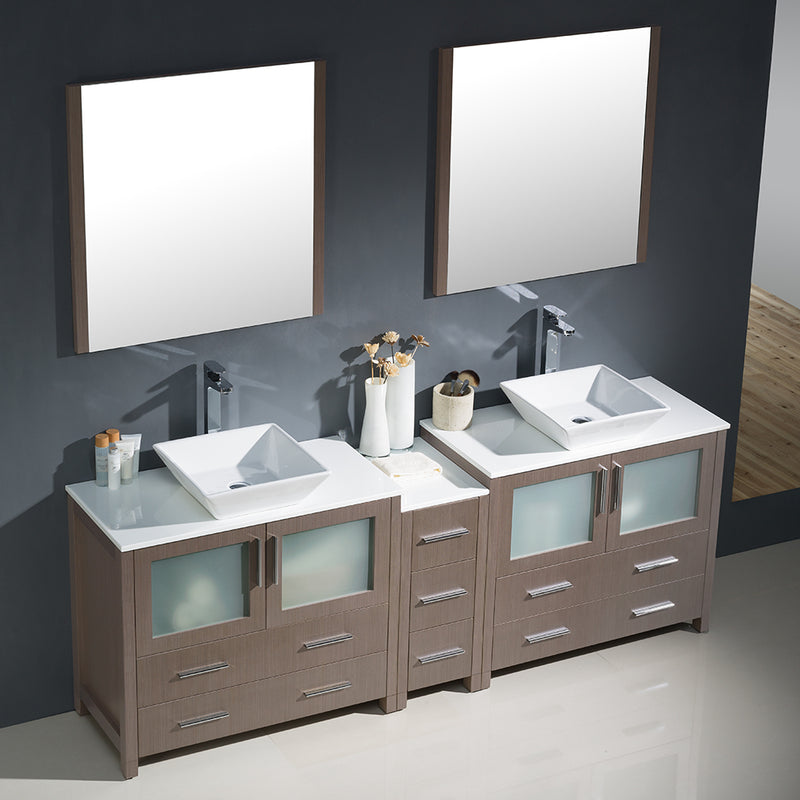 Fresca Torino 84" Gray Oak Modern Double Sink Bathroom Vanity with Side Cabinet and Vessel Sinks FVN62-361236GO-VSL