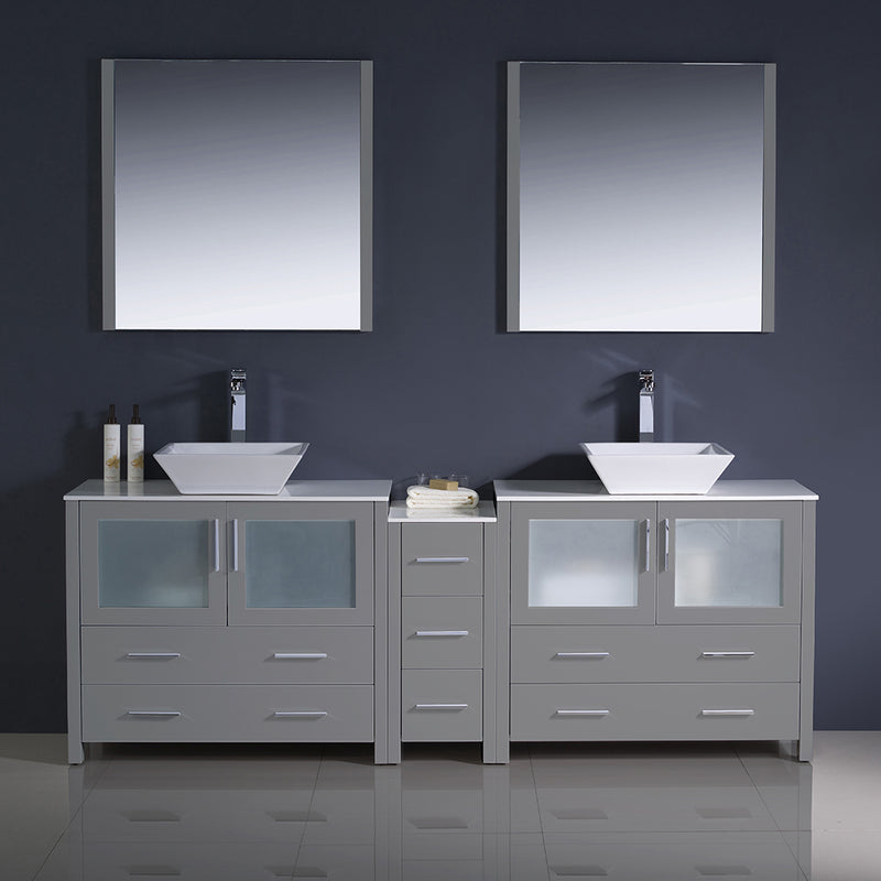 Fresca Torino 84" Gray Modern Double Sink Bathroom Vanity with Side Cabinet and Vessel Sinks FVN62-361236GR-VSL