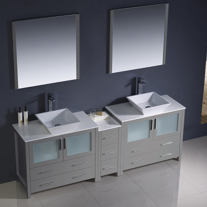 Fresca Torino 84" Gray Modern Double Sink Bathroom Vanity with Side Cabinet and Vessel Sinks FVN62-361236GR-VSL