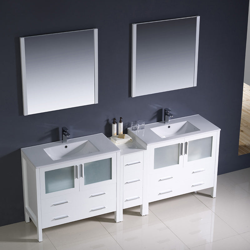 Fresca Torino 84" White Modern Double Sink Bathroom Vanity with Side Cabinet and Integrated Sinks FVN62-361236WH-UNS