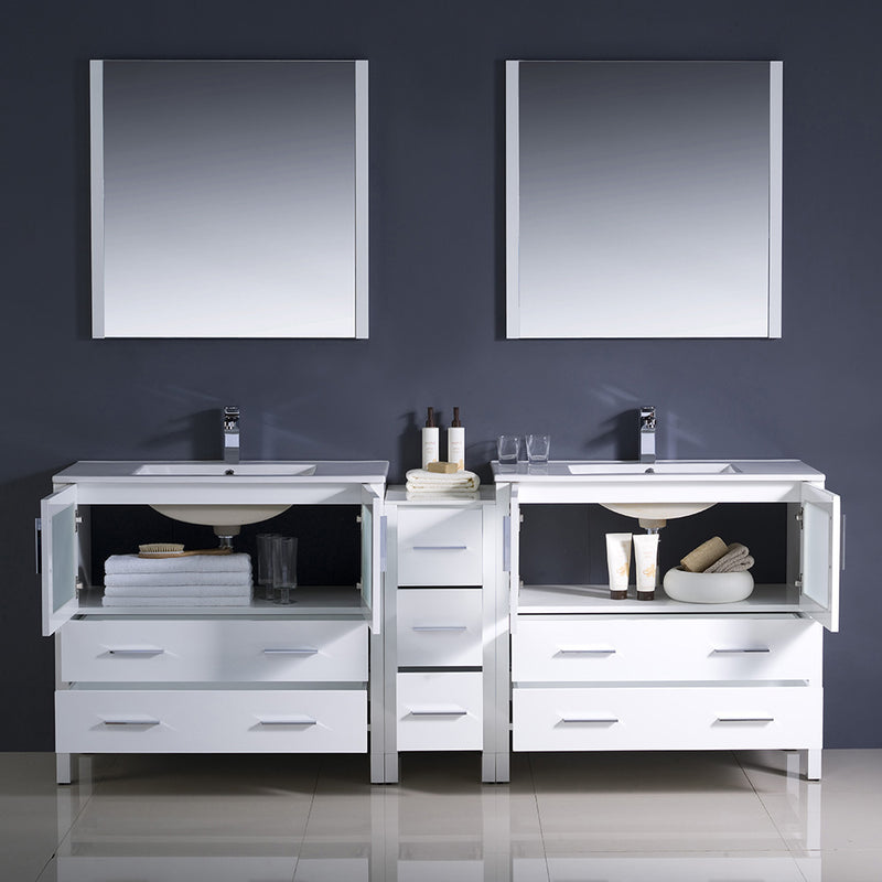 Fresca Torino 84" White Modern Double Sink Bathroom Vanity with Side Cabinet and Integrated Sinks FVN62-361236WH-UNS