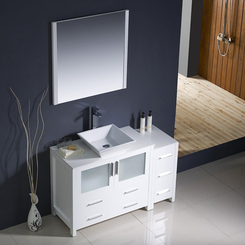 Fresca Torino 48" White Modern Bathroom Vanity with Side Cabinet and Vessel Sink FVN62-3612WH-VSL