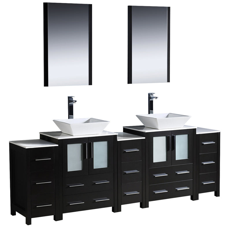 Fresca Torino 84" Espresso Modern Double Sink Bathroom Vanity w/ 3 Side Cabinets & Vessel Sinks FVN62-72ES-VSL