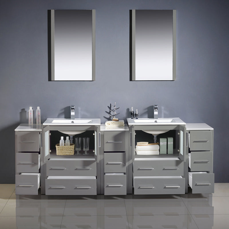 Fresca Torino 84" Gray Modern Double Sink Bathroom Vanity with 3 Side Cabinets and Integrated Sinks FVN62-72GR-UNS