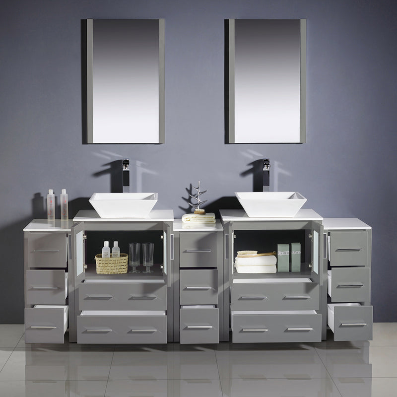 Fresca Torino 84" Gray Modern Double Sink Bathroom Vanity with 3 Side Cabinets and Vessel Sinks FVN62-72GR-VSL