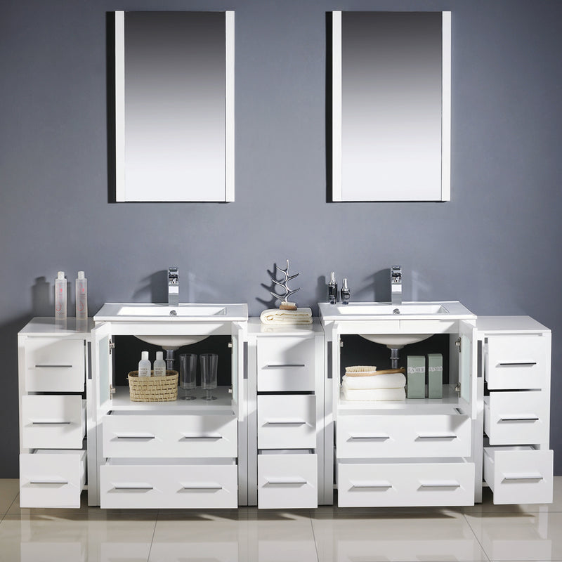 Fresca Torino 84" White Modern Double Sink Bathroom Vanity with 3 Side Cabinets and Integrated Sinks FVN62-72WH-UNS