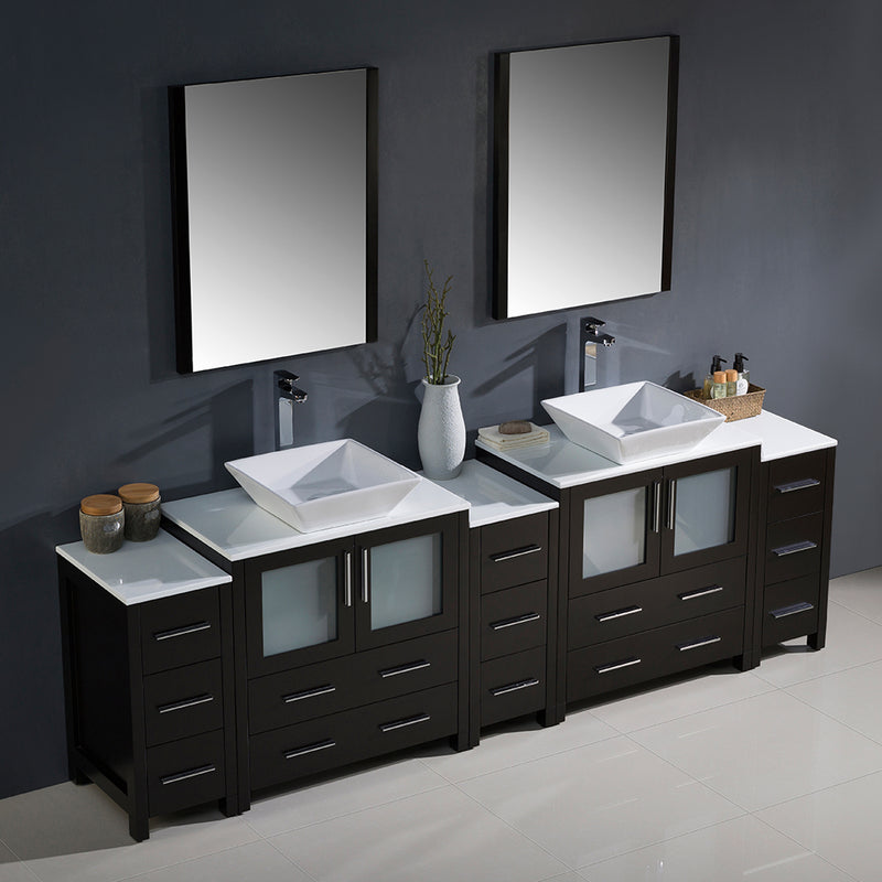 Fresca Torino 96" Espresso Modern Double Sink Bathroom Vanity with 3 Side Cabinets and Vessel Sinks FVN62-96ES-VSL