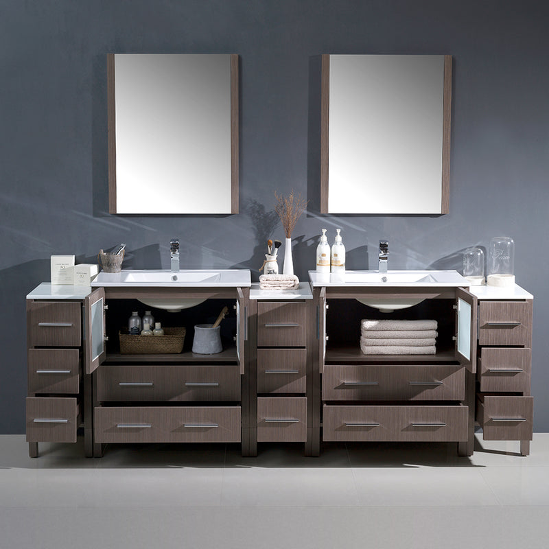 Fresca Torino 96" Gray Oak Modern Double Sink Bathroom Vanity with 3 Side Cabinets and Integrated Sinks FVN62-96GO-UNS