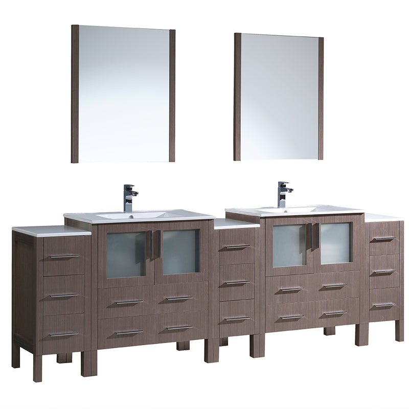 Fresca Torino 96" Gray Oak Modern Double Sink Bathroom Vanity w/ 3 Side Cabinets & Integrated Sinks FVN62-96GO-UNS