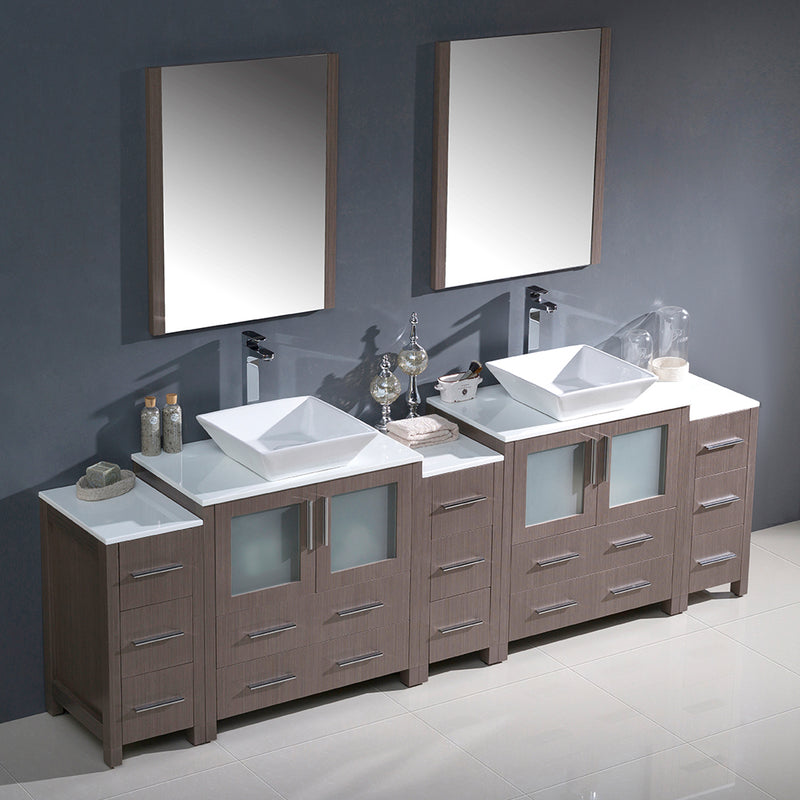 Fresca Torino 96" Gray Oak Modern Double Sink Bathroom Vanity with 3 Side Cabinets and Vessel Sinks FVN62-96GO-VSL