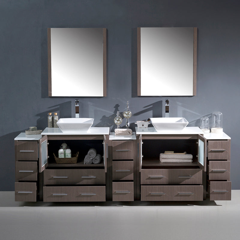 Fresca Torino 96" Gray Oak Modern Double Sink Bathroom Vanity with 3 Side Cabinets and Vessel Sinks FVN62-96GO-VSL