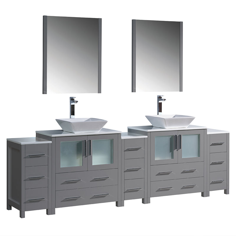 Fresca Torino 96" Gray Modern Double Sink Bathroom Vanity w/ 3 Side Cabinets & Vessel Sinks FVN62-96GR-VSL