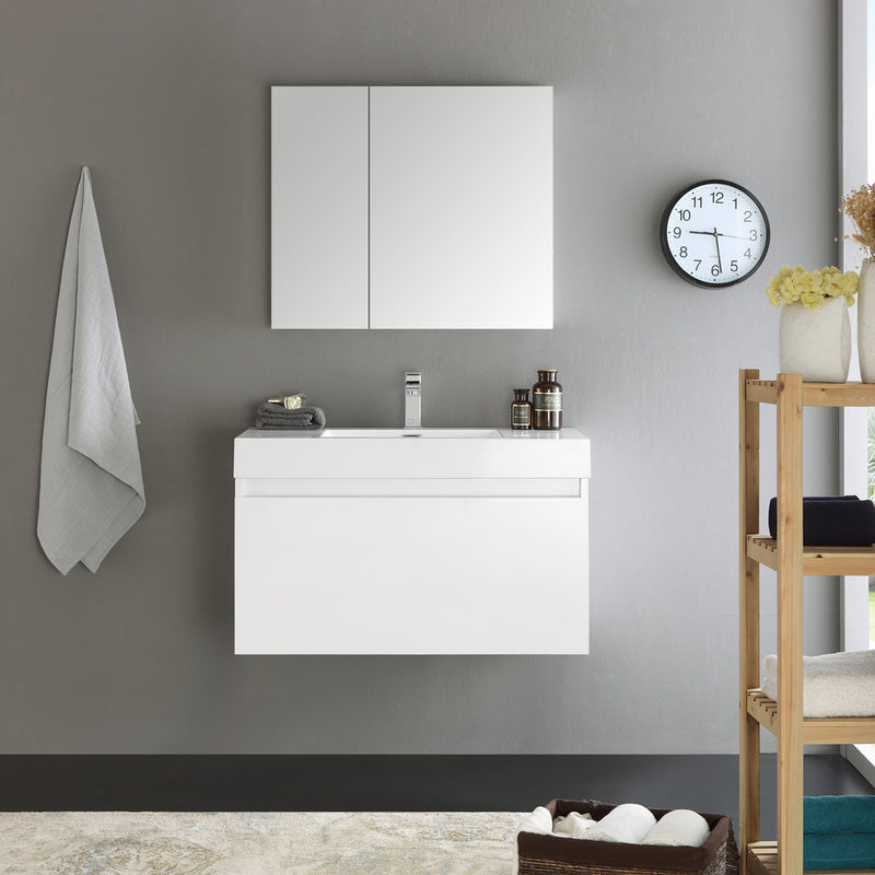 Fresca Mezzo 36" White Wall Hung Modern Bathroom Vanity with Medicine Cabinet FVN8008WH