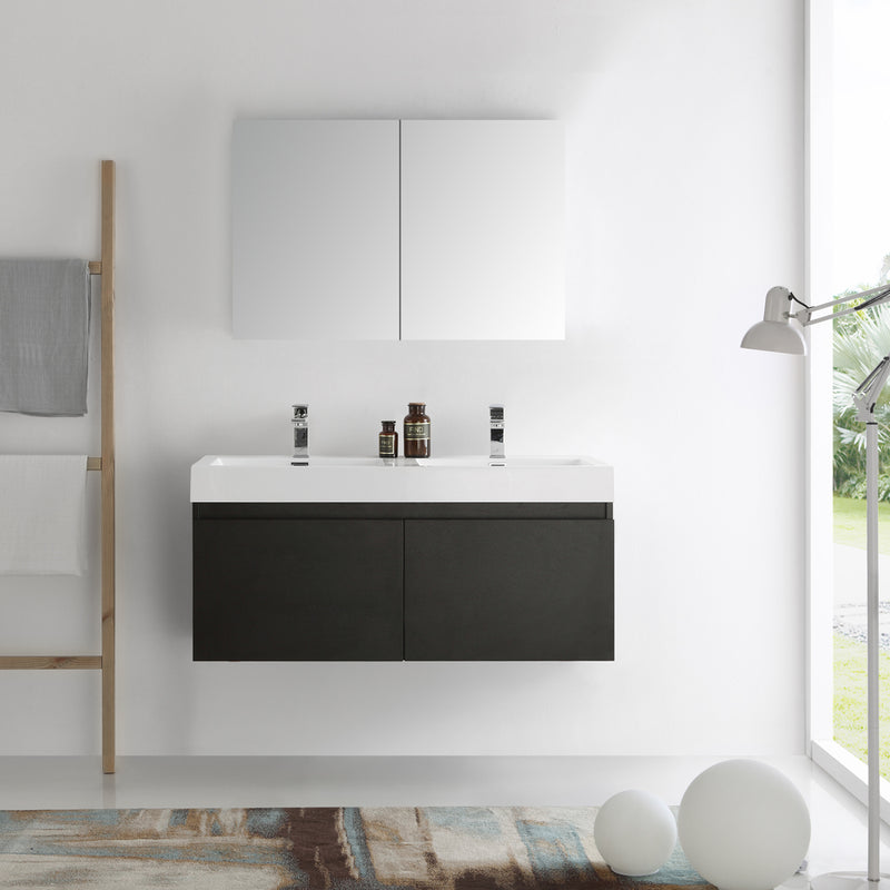 Fresca Mezzo 48" Black Wall Hung Double Sink Modern Bathroom Vanity with Medicine Cabinet FVN8012BW