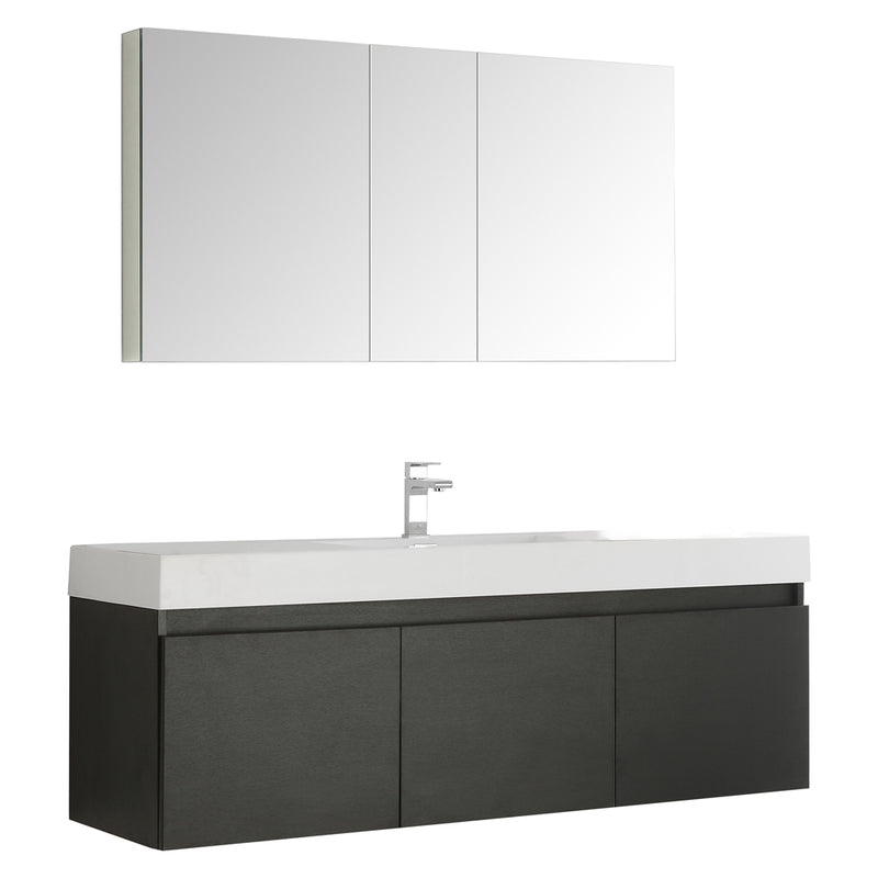 Fresca Mezzo 60" Black Wall Hung Single Sink Modern Bathroom Vanity w/ Medicine Cabinet FVN8041BW