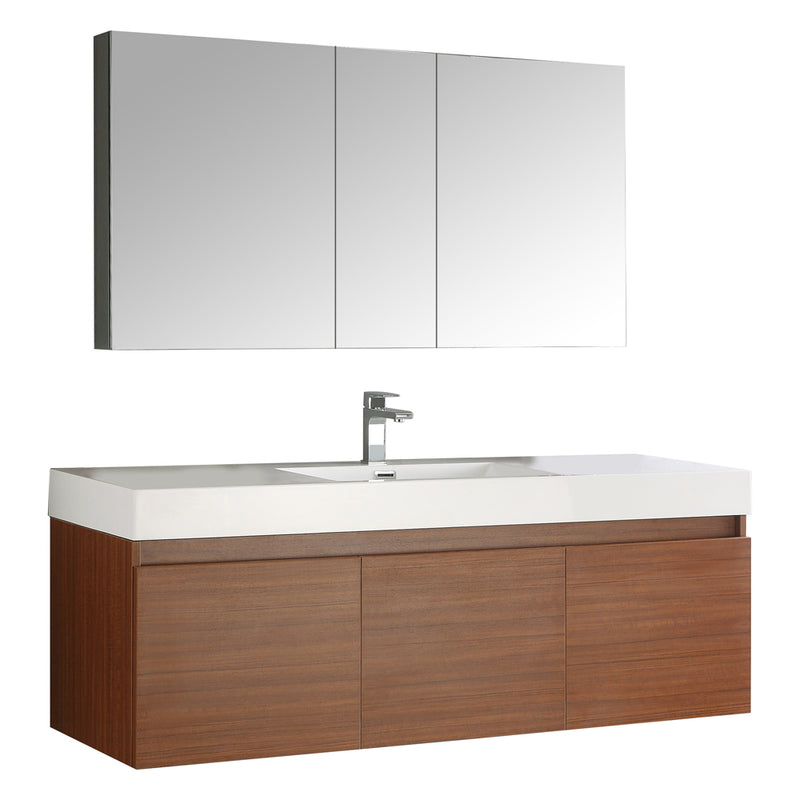 Fresca Mezzo 60" Teak Wall Hung Single Sink Modern Bathroom Vanity w/ Medicine Cabinet FVN8041TK