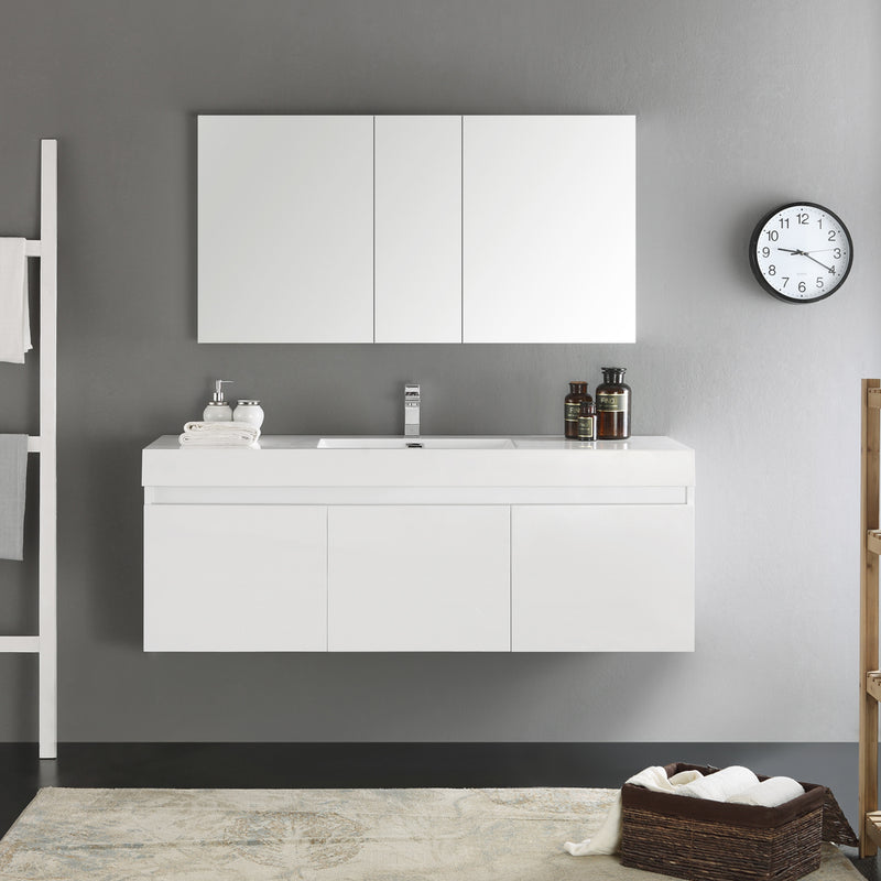 Fresca Mezzo 60" White Wall Hung Single Sink Modern Bathroom Vanity with Medicine Cabinet FVN8041WH