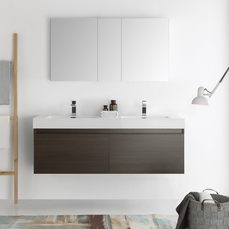 Fresca Mezzo 60" Gray Oak Wall Hung Double Sink Modern Bathroom Vanity with Medicine Cabinet FVN8042GO