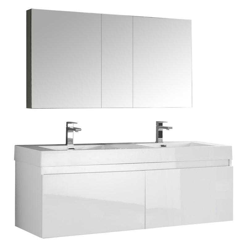 Fresca Mezzo 60" White Wall Hung Double Sink Modern Bathroom Vanity w/ Medicine Cabinet FVN8042WH