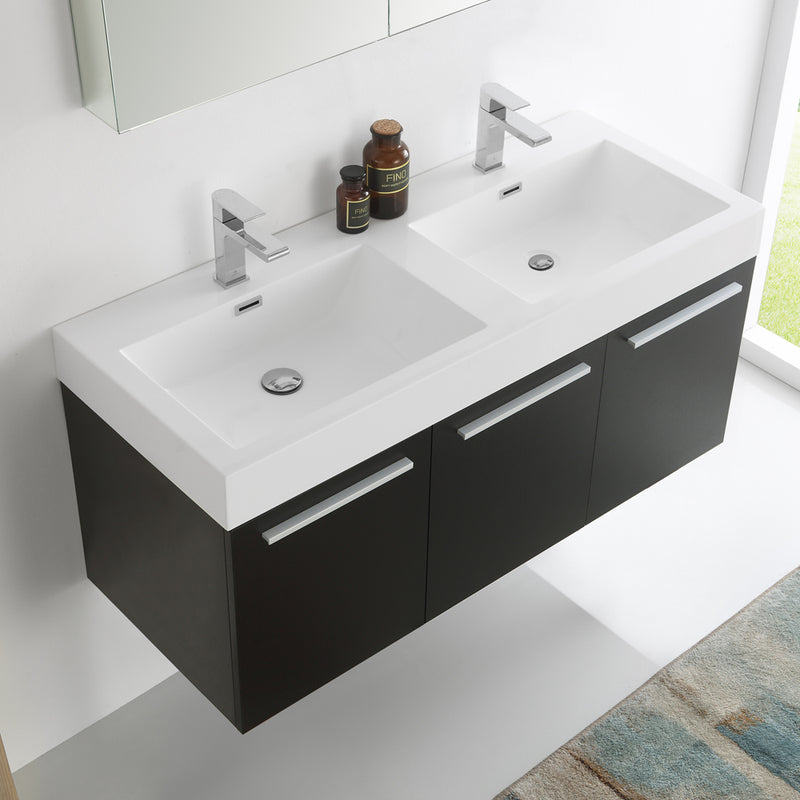 Fresca Vista 48" Black Wall Hung Double Sink Modern Bathroom Vanity with Medicine Cabinet FVN8092BW-D