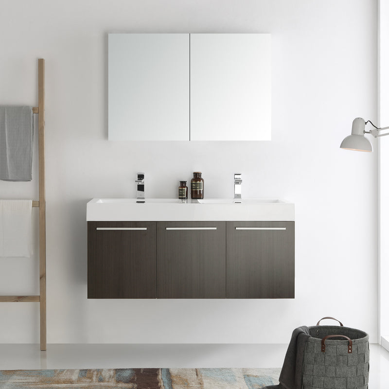 Fresca Vista 48" Gray Oak Wall Hung Double Sink Modern Bathroom Vanity with Medicine Cabinet FVN8092GO-D