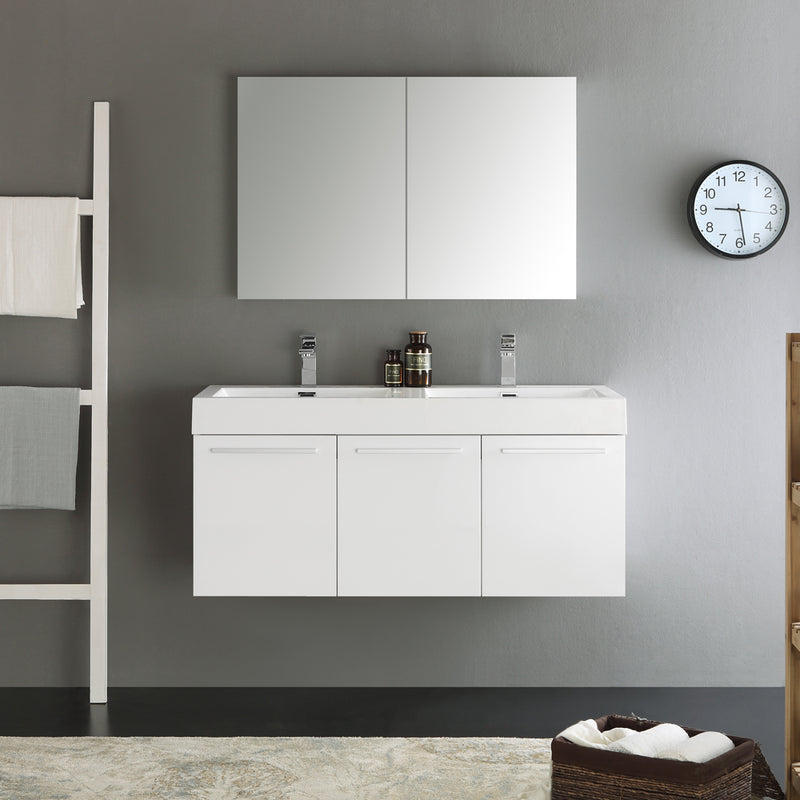 Fresca Vista 48" White Wall Hung Double Sink Modern Bathroom Vanity with Medicine Cabinet FVN8092WH-D