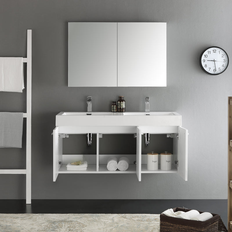 Fresca Vista 48" White Wall Hung Double Sink Modern Bathroom Vanity with Medicine Cabinet FVN8092WH-D