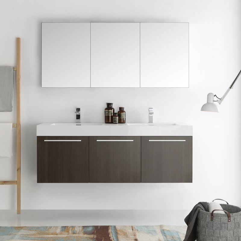 Fresca Vista 60" Gray Oak Wall Hung Double Sink Modern Bathroom Vanity with Medicine Cabinet FVN8093GO-D