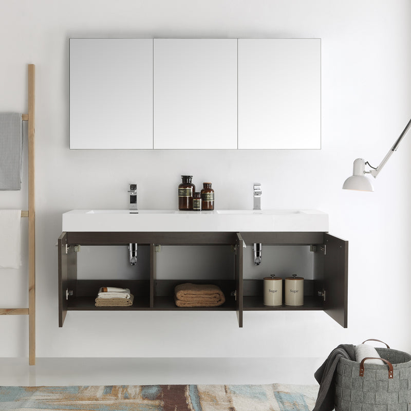 Fresca Vista 60" Gray Oak Wall Hung Double Sink Modern Bathroom Vanity with Medicine Cabinet FVN8093GO-D