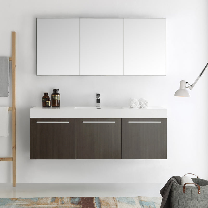 Fresca Vista 60" Gray Oak Wall Hung Single Sink Modern Bathroom Vanity with Medicine Cabinet FVN8093GO