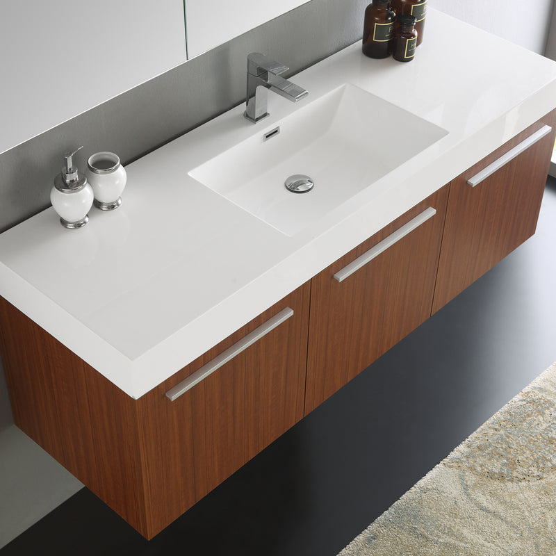 Fresca Vista 60" Teak Wall Hung Single Sink Modern Bathroom Vanity with Medicine Cabinet FVN8093TK