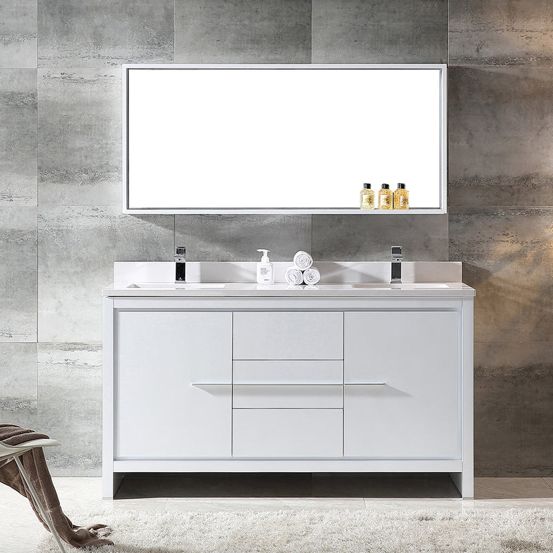 Fresca Allier 60" White Modern Double Sink Bathroom Vanity with Mirror FVN8119WH