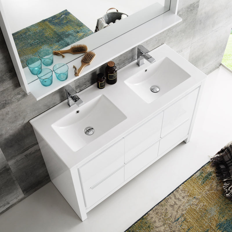 Fresca Allier 48" White Modern Double Sink Bathroom Vanity with Mirror FVN8148WH-D