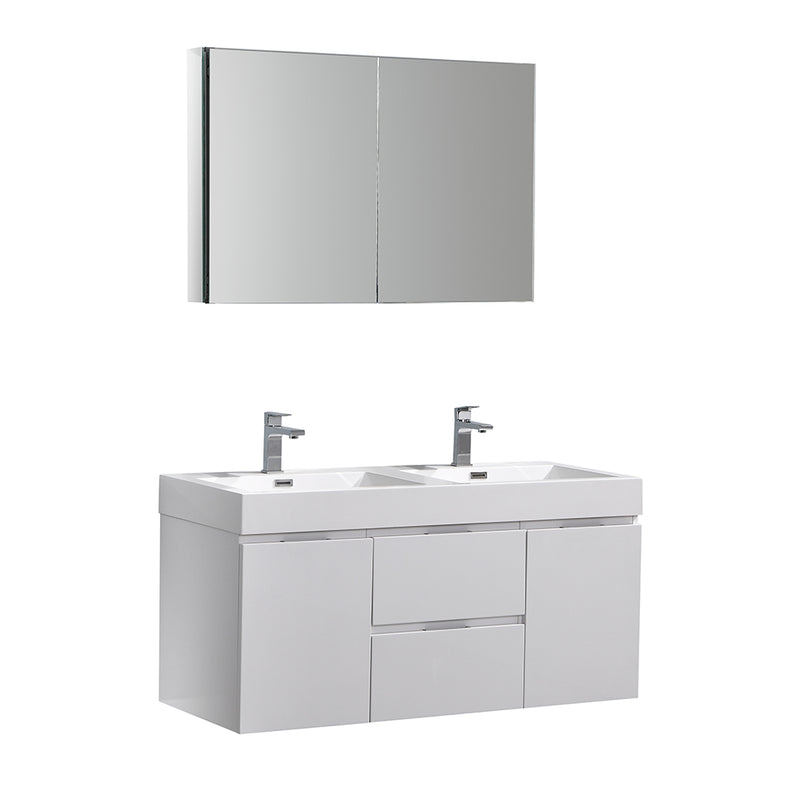 Fresca Valencia 48" Glossy White Wall Hung Double Sink Modern Bathroom Vanity w/ Medicine Cabinet FVN8348WH-D