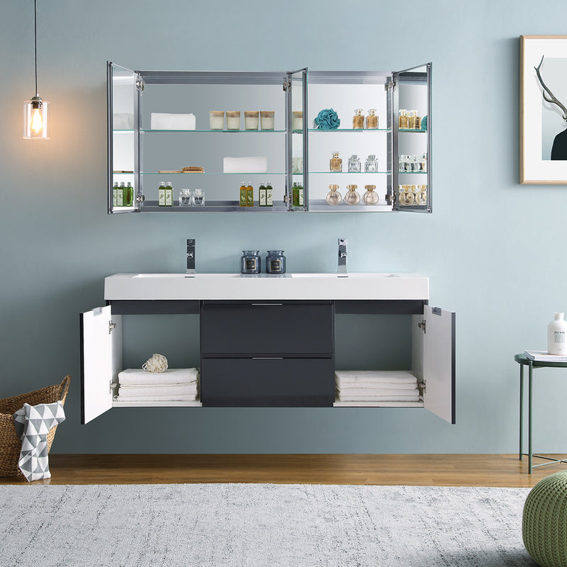 Fresca Valencia 60" Dark Slate Gray Wall Hung Double Sink Modern Bathroom Vanity with Medicine Cabinet FVN8360GG-D