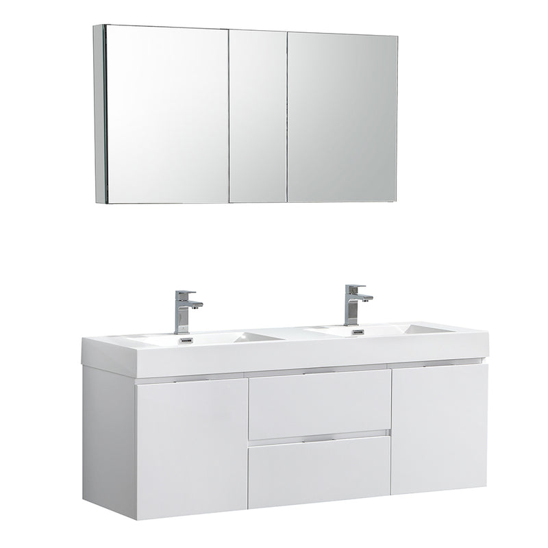 Fresca Valencia 60" Glossy White Wall Hung Double Sink Modern Bathroom Vanity w/ Medicine Cabinet FVN8360WH-D