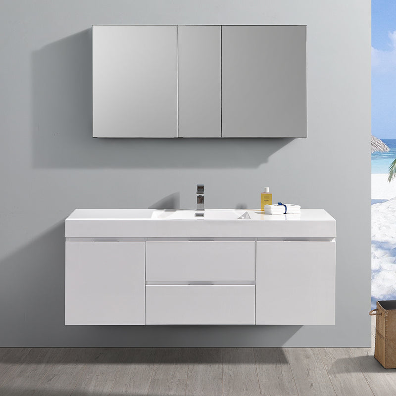 Fresca Valencia 60" Glossy White Wall Hung Modern Bathroom Vanity with Medicine Cabinet FVN8360WH