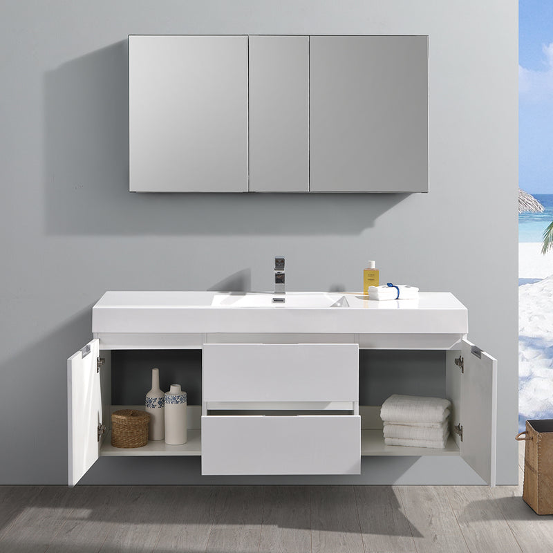 Fresca Valencia 60" Glossy White Wall Hung Modern Bathroom Vanity with Medicine Cabinet FVN8360WH