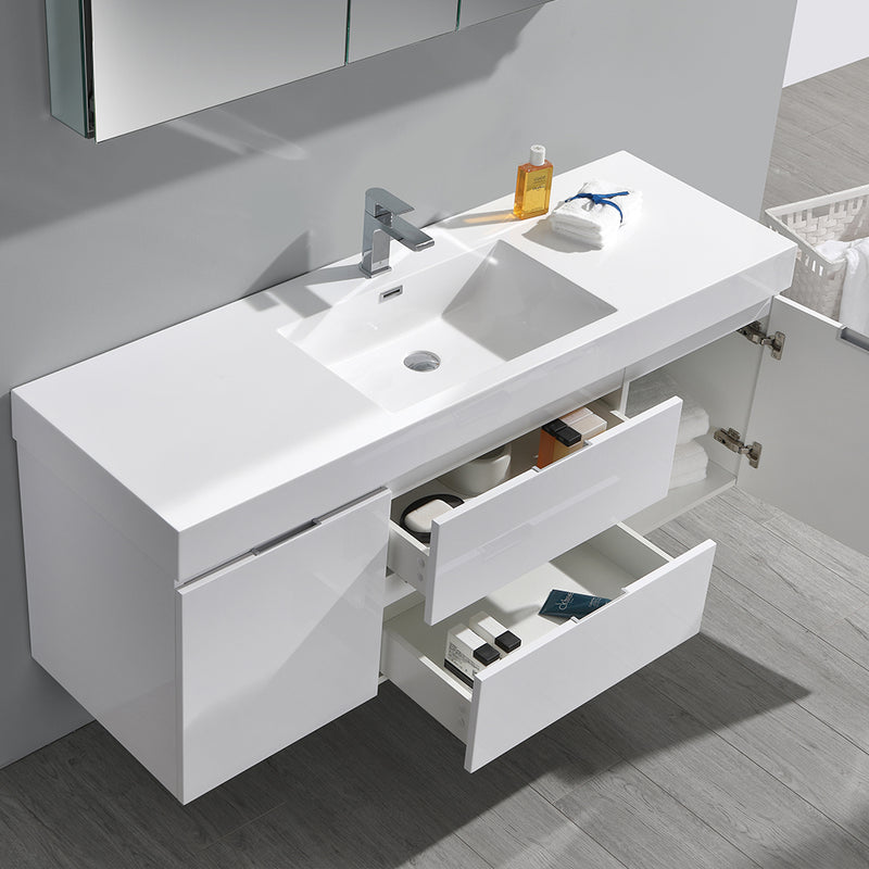 Fresca Valencia 60" Glossy White Wall Hung Modern Bathroom Vanity with Medicine Cabinet FVN8360WH