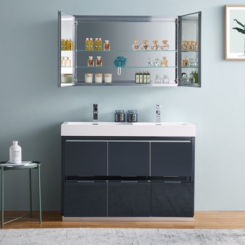 Fresca Valencia 48" Dark Slate Gray Free Standing Double Sink Modern Bathroom Vanity with Medicine Cabinet FVN8448GG-D