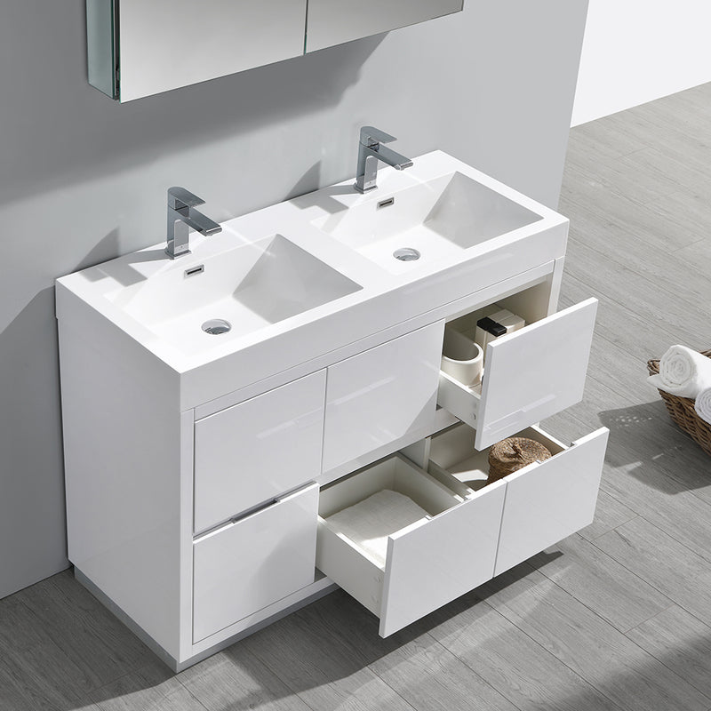 Fresca Valencia 48" Glossy White Free Standing Double Sink Modern Bathroom Vanity with Medicine Cabinet FVN8448WH-D