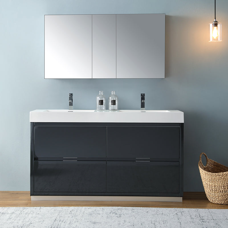 Fresca Valencia 60" Dark Slate Gray Free Standing Double Sink Modern Bathroom Vanity with Medicine Cabinet FVN8460GG-D