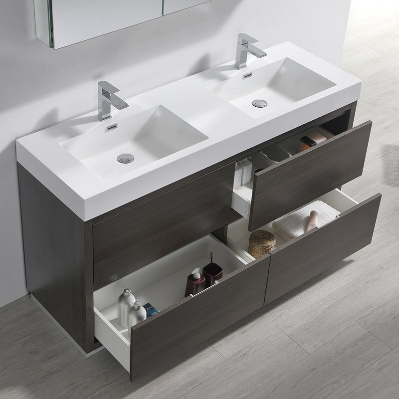 Fresca Valencia 60" Gray Oak Free Standing Double Sink Modern Bathroom Vanity with Medicine Cabinet FVN8460GO-D