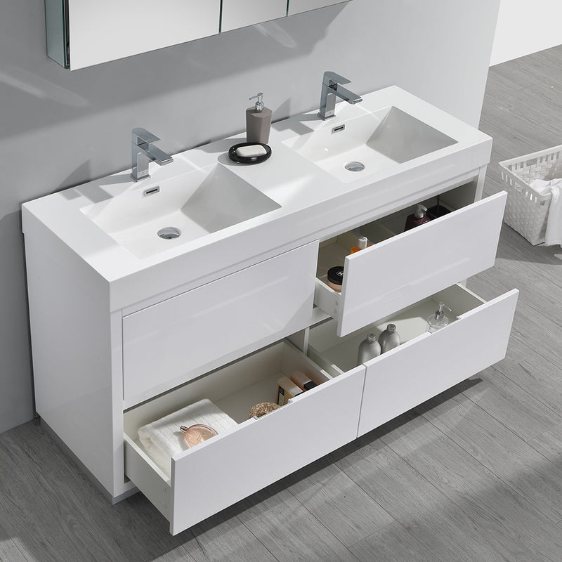 Fresca Valencia 60" Glossy White Free Standing Double Sink Modern Bathroom Vanity with Medicine Cabinet FVN8460WH-D